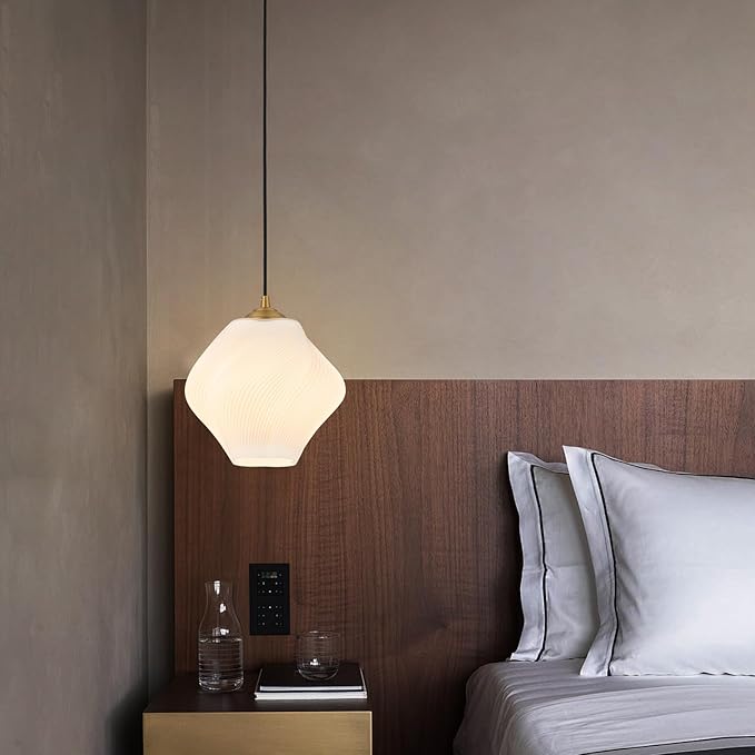 Milk White Glass Pendant Light, Mid Century Modern Ceiling Hanging Lights Fixture with Height Adjustable, Brass Gold Pendant Lighting for Kitchen Island, Hallway, Dining Room, Bedroom(2 Pack)
