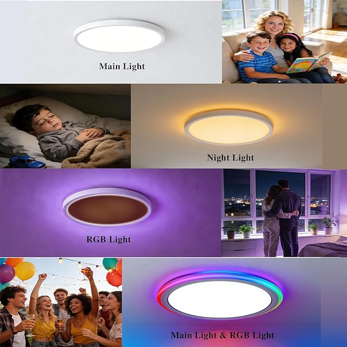 RGB Led Ceiling Light 12 Inch - RGB Rear Color, Flush Mount Ceiling Light for Bedroom Living Room,White, 2-Pack