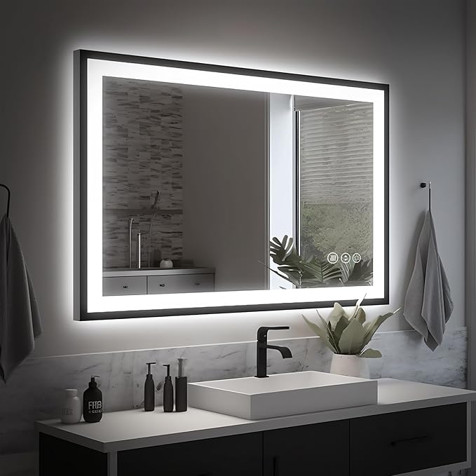 40x24 LED Bathroom Mirror - Black Aluminum Framed, Front and Backlit, Anti-Fog, Stepless Dimmable Lighted, 3 Colors Smart Vanity Mirror (Horizontal/Vertical)