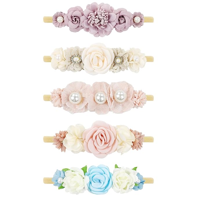 Cinaci 5 Pack Delicate Floral Flower Nylon Headbands Hair Bands Accessories for Baby Girls Newborns Infants Toddlers Kids (5 Pack S4)