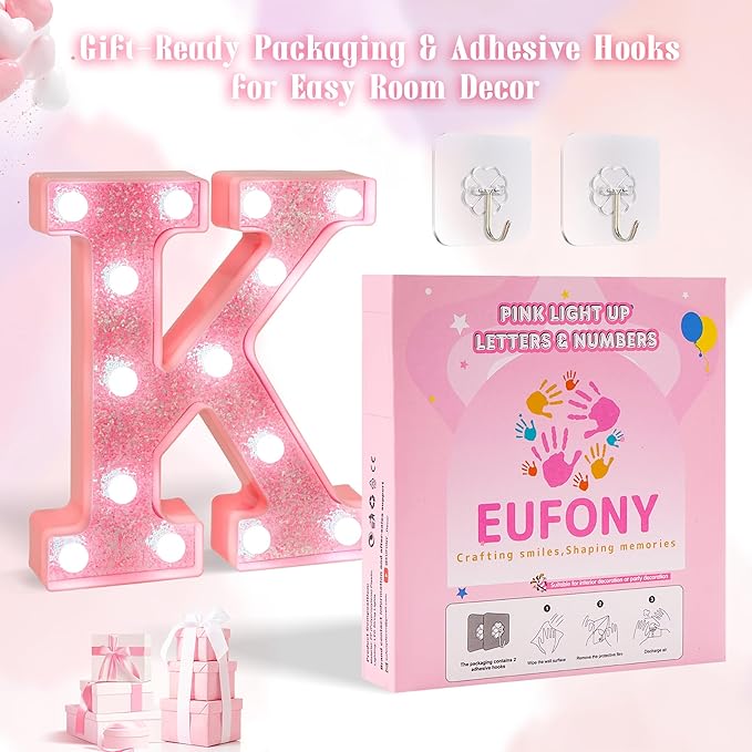 Pink Marquee Light Up Letters, Glitter Alphabet LED Letter Lights for Pink Birthday Party Decorations, Battery Operated Letter Sign for Girls Room Vanity Table Decor, Cool White Lights Letter F