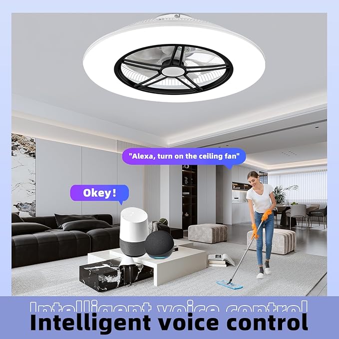 BAYSQUIRREL Alexa WiFi Low Profile Ceiling Fan with Light Flush Mount Enclosed Ceiling Fan 22" LED Dimmable Bladeless Ceiling Fans with Google Assistant/App Control,6 Speed Dimmable LED-RGB Lights