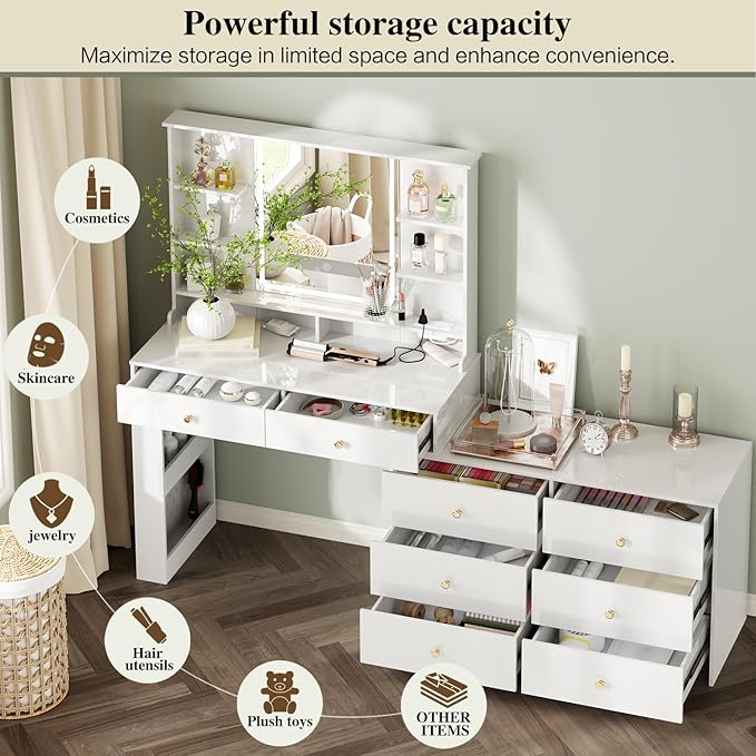 Makeup Vanity Desk with Mirror and Lights, Vanity Desk with 8 Drawers & Storage Shelves, Vanity Table with Power Outlet, 3 Color Modes & Adjustable Brightness Dressing Table, Bedroom,White