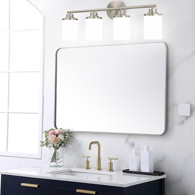 Bathroom Light Fixtures,Brushed Nickel Bathroom Lights,4-Light Vanity Light,Bathroom Light Over Mirror,Modern Bathroom Vanity Light Fixture,Bathroom Sconces with Frosted Glass