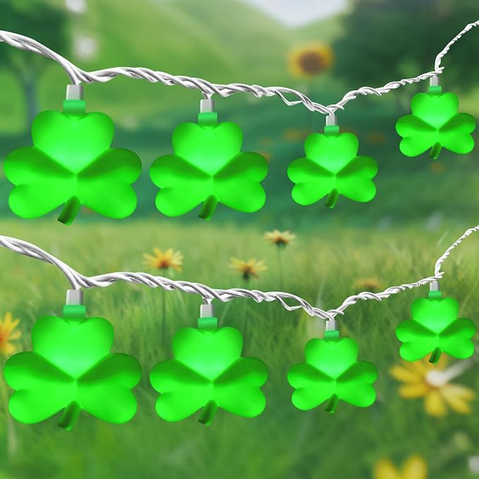 St Patricks Day Decorations Shamrock String Lights, 8.5FT Green Lucky Clover String Lights Waterproof with 10 Green LED Lights for Indoor Outdoor St. Patrick's Day Party Decorations, White Wire