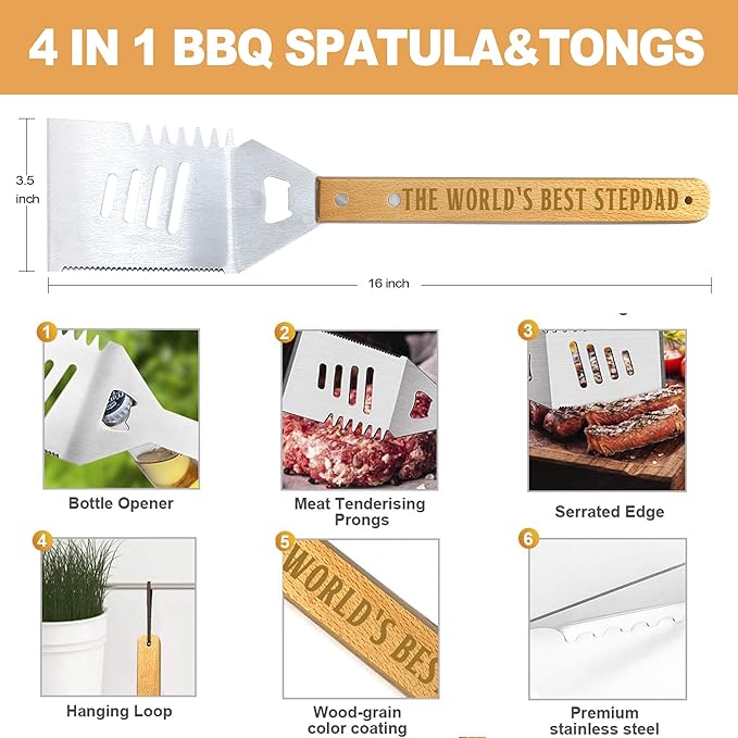 Step Dad Gifts from Daughter Christmas Heavy Duty Wooden BBQ Grilling Accessories Kit for Backyard, Thick Stainless Steel Grill Utensils with Non-Slip Handle Tools in Portable Bag Birthday