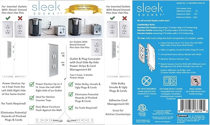 Sleek Socket Original & Patented Ultra-Thin Outlet Concealer with Cord Concealer Kit, Flat Extension Cord with Multi Outlets Power Strip, Ideal for Home Improvement, Hide Bulky and Messy Cords