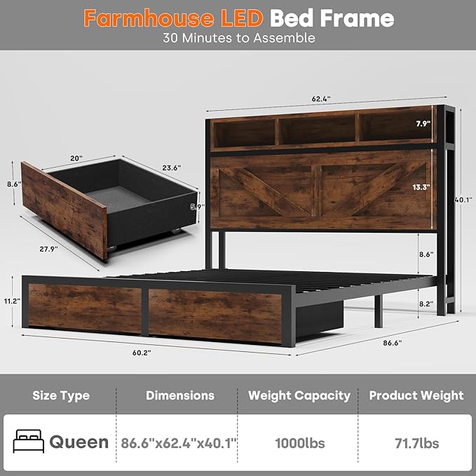 Farmhouse Queen Bed Frame with Bookcase Storage Headboard, Charging Station, LED Light and 2 Storage Drawers, Noise Free, No Box Spring Needed, Brown