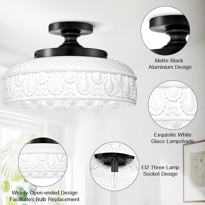 Lamomo Semi Flush Mount Ceiling Light,White Glass Shade Black Hallway Light Fixture,3-Bulb Globe Glass Close to Ceiling Scone,Indoor Hanging Light for Bedroom Kitchen Porch Hallway,Bulbs Not Included