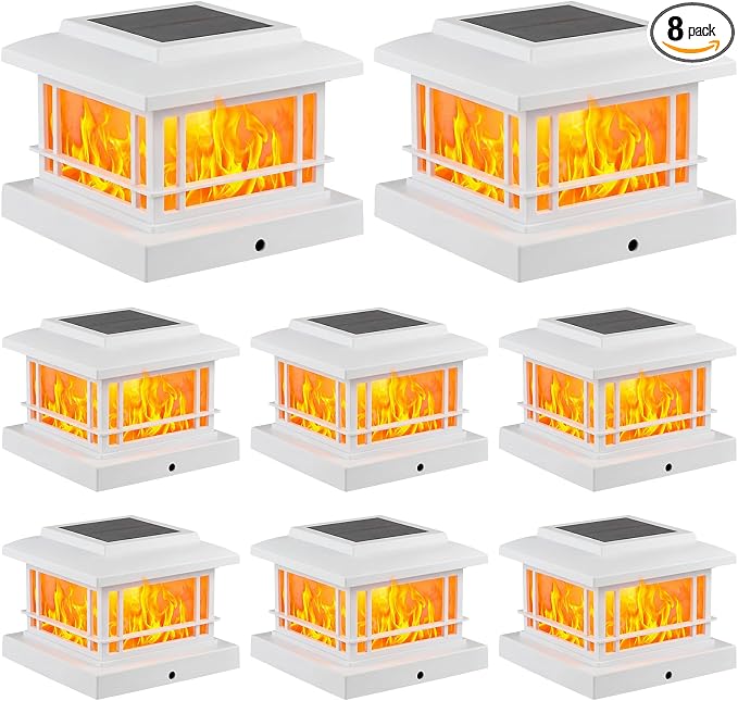 JOFIOS Flickering Flame Solar Post Cap Lights Outdoor, White Post Lights with 3 Color Temperature, Fits 3.5" 4" 4.5" 5" Wood/Vinyl Posts, IP64 Waterproof Fence Deck Lights for Garden Patio Yard 8 Pack