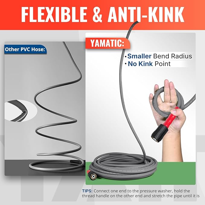 YAMATIC Super Flexible Pressure Washer Hose 25FT for Power Washer Replacement, Kink Resistant Extension With Leak-Free M22 Female & 3/8" Quick Connect Adapters, 1/4" 3200 PSI, Grey