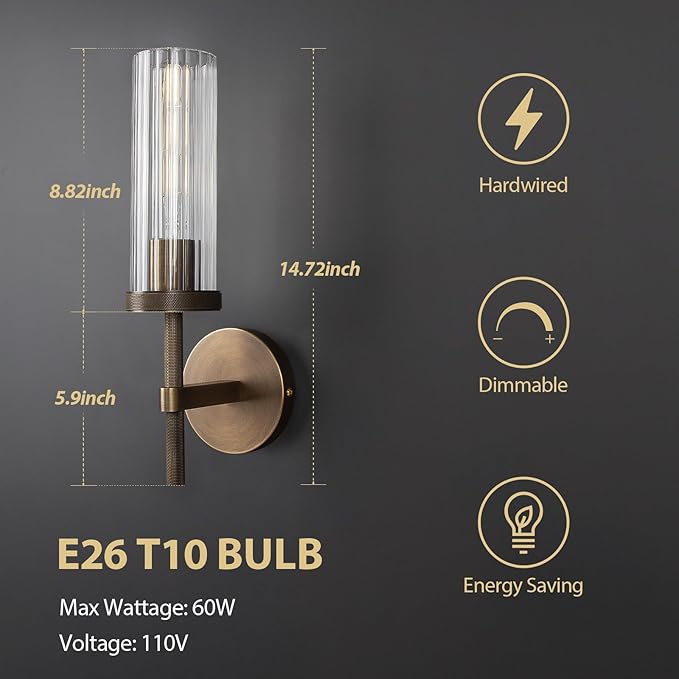 15" Knurled Brass Wall Sconce with Vertical Striped Glass Tube, Bronze Bathroom Vanity Light Fixtures, Modern Lamp Lighting for Bedroom, Living Room, Hallway, Staircase, Mirror, Kitchen