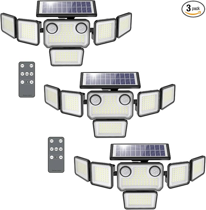 Solar Lights Outdoor, 6000LM 310 LEDs Dual Motion Sensor Solar Flood Lights 6 Heads Security Wall Lights, IP65 Waterproof, Remote Control for Garden, Outside, Backyard, 3 Pack