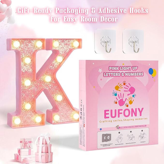 Pink Marquee Light Up Letters, Glitter Alphabet LED Letter Lights for Pink Birthday Party Decorations, Battery Operated Letter Sign for Girls Room Vanity Table Decor, Warm White Lights Letter S