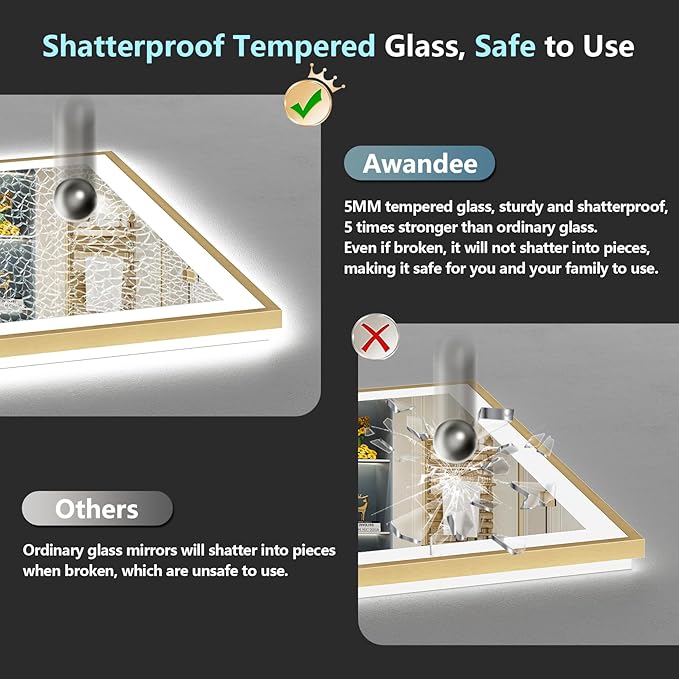 72x40 Gold LED Bathroom Mirror with Lights, Brushed Gold Framed Backlit and Front Lit Anti-Fog Lighted Vanity Mirrors for Bathroom Wall, Dimmable, 3 Colors, Memory, HD Tempered Glass, CRI＞90