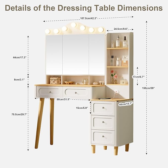 GOWE Vanity Desk with Mirror and Lights,Makeup Vanity with 2 USB Power Strip,Vanity Set with Two Drawers and Three-Drawer Chest, 3 Lighting Modes Adjustable Brightness, Foldable Three-Sided Mirror(W
