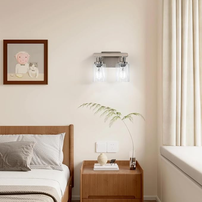 Bathroom Vanity Light, 2-Light Nickel Modern Matte Wall Sconce Lighting with Clear Glass Shade, Wall Lights,Bath Vintage Wall Mounted Lamps for Mirror Bedroom Living Room