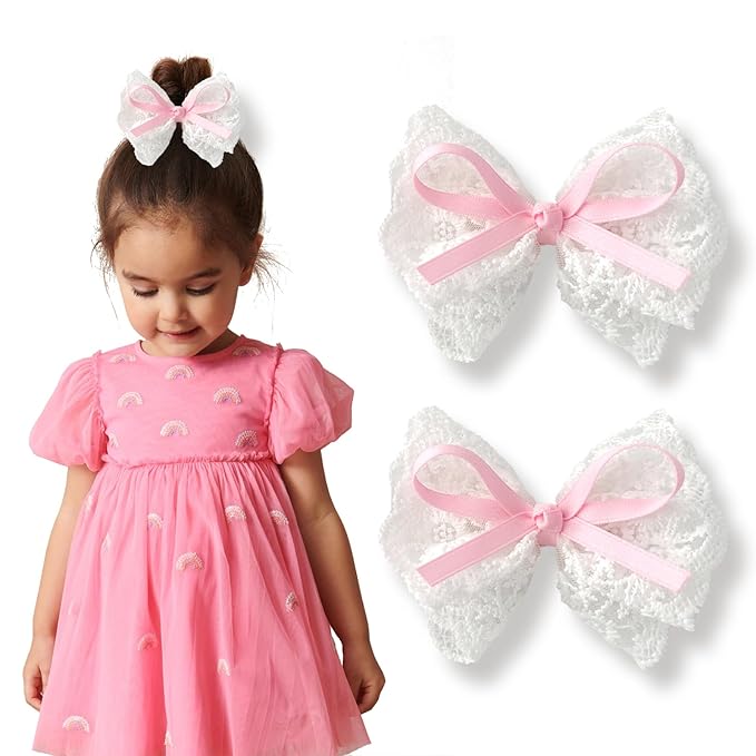 2pcs Lace Hair Bows for Girls, White Lace and Pink Hair Ribbons, Alligator Bow Hair Clips, Handmade Hair Accessories for Girls
