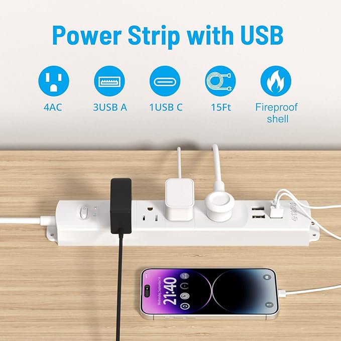 TROND Surge Protector Power Strip with USB, Ultra Thin Flat Plug 15ft Long Extension Cord 1625W, 3 USB A & 1 Type C, 4 AC Outlets 1440J Surge Protection for Wall Mount for Home Office Dorm Room, White