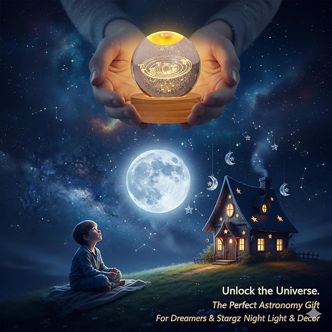 3D Galaxy Crystal Ball Night Light 60mm, 7 Color LED Glass Sphere Lamp with Wooden Base, Crystal Globe Orb Bedroom Decor, Unique Space Gift for Teen Boys Girls(Heart Cloud)