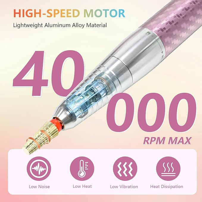 BETE Professional Nail Drill Machine, 0-40000RPM Brushless Durable Electric Nail File for Acrylic Gel Nails, Rechargeable Nail Drill with Charging Base with 6pcs Drill Bits for Salon Home, Pink