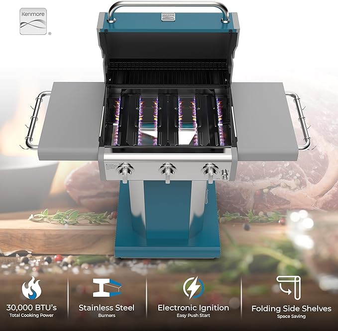 Kenmore 3-Burner Propane BBQ Grill, 30,000 BTUs Gas Grill with Cast Iron Cooking Grates, Folding Side Tables & Wheels, Outdoor Grill with Tool Hooks, Teal