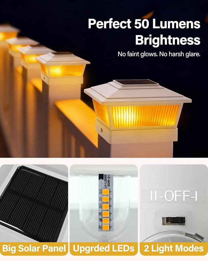 KEILAIMO Solar Post Cap Lights Outdoor for 4x4 5x5 6x6 Wood/Vinyl Posts, 6 Pack Fence Post Solar Lights with Flickering Flame & Warm Modes for Deck/Garden/Patio, IP65 Waterproof - White