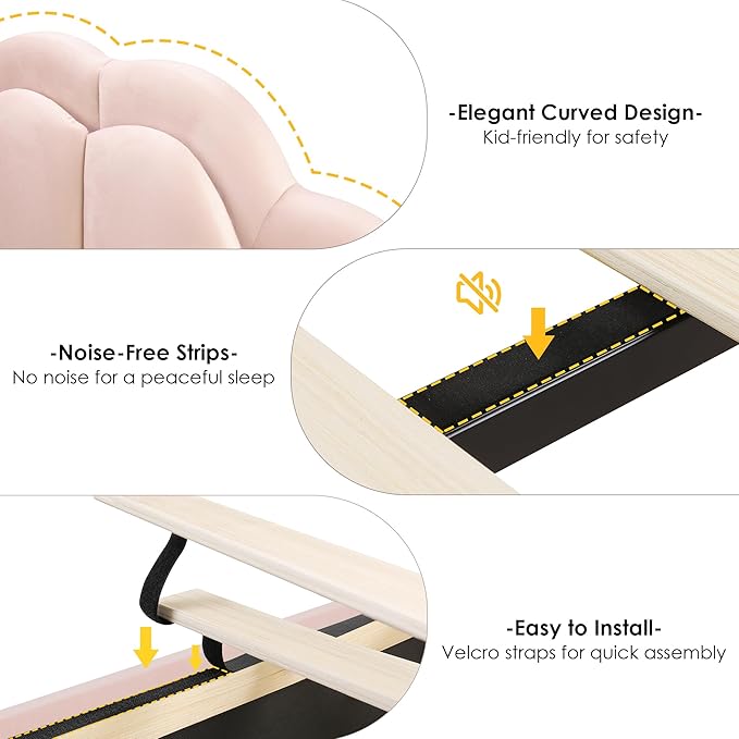 HIFIT Twin Upholstered Smart LED Bed Frame with Storage Drawer and Adjustable Chic Double Petal Headboard, Princess Platform Bed for Girls/Kids, Solid Wood Slats Support, No Box Spring Needed, Pink