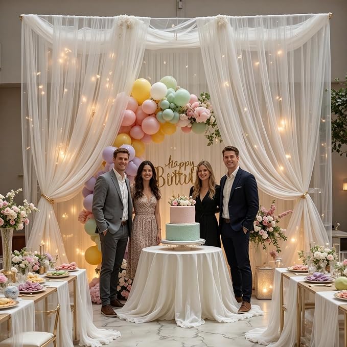 10×10ft White Tulle Backdrop Curtains with Lights String for Wedding Parties Sheer Backdrop Curtain Backdrop for Engagement Bridal Baby Shower Birthday Party Home Decoration 5ft×10ft, 2 Panels