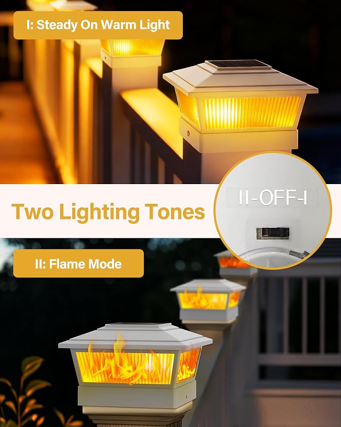 KEILAIMO Solar Post Cap Lights Outdoor for 4x4 5x5 6x6 Wood/Vinyl Posts, 6 Pack Fence Post Solar Lights with Flickering Flame & Warm Modes for Deck/Garden/Patio, IP65 Waterproof - White