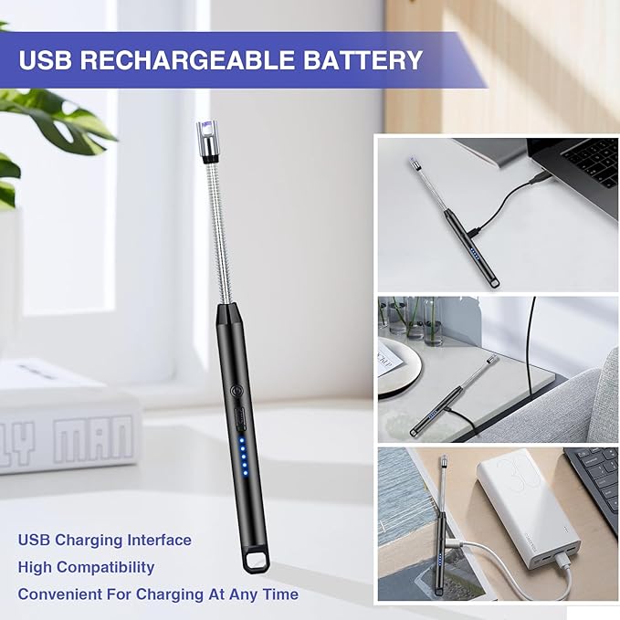 2 PCS Candle Lighter, Electric Lighter Arc Windproof Flameless with 360° Flexible Neck & LED Power Display, Lighters for Candle for BBQ, Grill, Camping, Fireplace, Stove