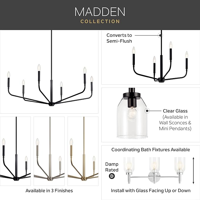 Kichler Madden 4-Light Bathroom Vanity Light Fixture with Clear Glass in Black, Modern Wall Mount Over Mirror for Single or Double Vanity (10.5" x 34"), 55186BK