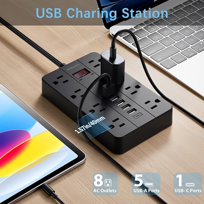 Power Strip Surge Protector, HUNIAN Flat Plug 10 Ft Long Extension Cord with 8 Widely Spaced Outlets 6 USB (1 USB C Port), Wall Mount Charging Station for Home and Office