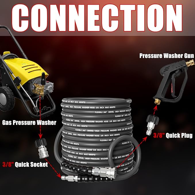 Kink-Resistant 3/8" Pressure Washer Hose 4800PSI(50FT),Steel Wire Braided Wear Resistant Rubber for Commercial, Industrial and Residential Use,Hot&Cold Water Hose with 3/8" Quick Connect