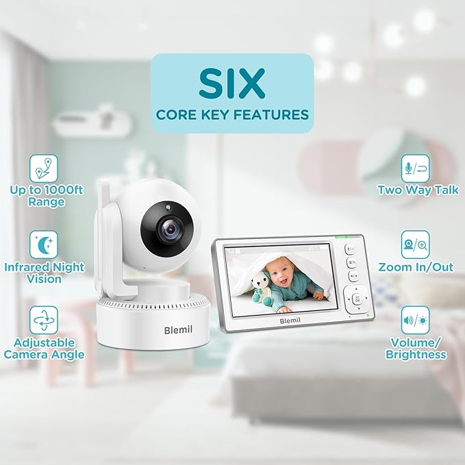 Blemil Baby Monitor with 2 Cameras and Audio, 4.3'' IPS Split-Screen Monitor with 29-Hour Battery, 1000ft Range Pan-Tilt-Zoom Video Baby Monitor No WiFi, 2X Zoom