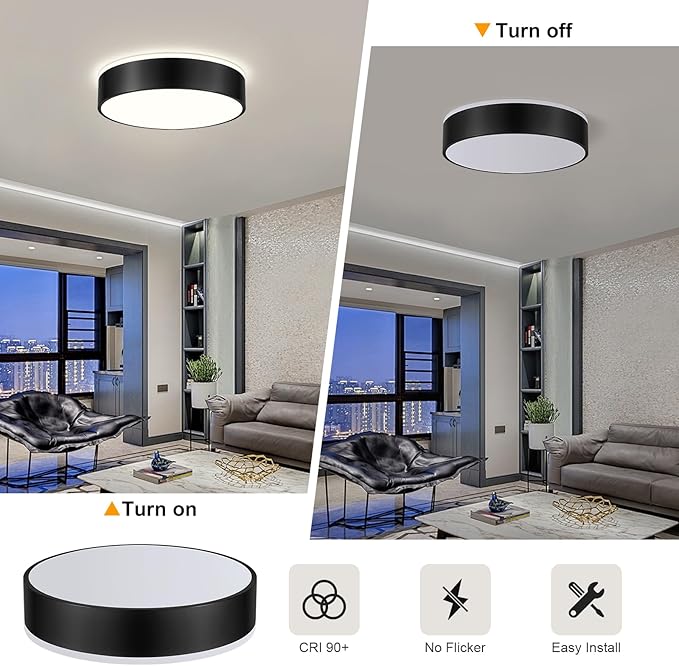 Black Flush Mount Ceiling Lights, Modern Dimmable 5CCT Close to Lighting Fixture, 2700K-6000K LED Round Ceiling Lamp for Bedroom, Bathroom, Dining Room, Living Room-15.8in