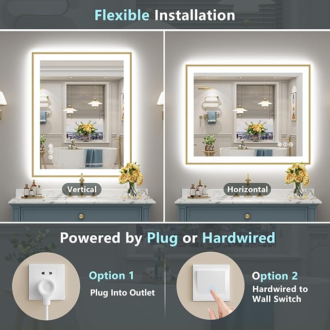 44x36 Gold LED Bathroom Mirror with Lights, Brushed Gold Framed Backlit and Front Lit Anti-Fog Lighted Vanity Mirrors for Bathroom Wall, Dimmable, 3 Colors, Memory, HD Tempered Glass, CRI＞90