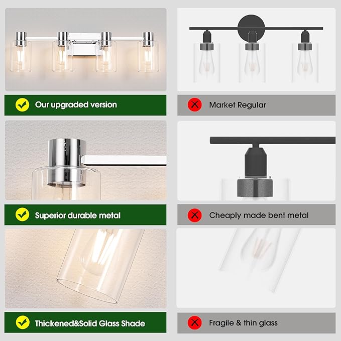 4-Light Modern Vanity Light Fixtures Over Mirror, Chrome Bathroom Light Fixtures, Vanity Lights, Wall Sconce with Clear Glass Shade for Bathroom, E26 Base
