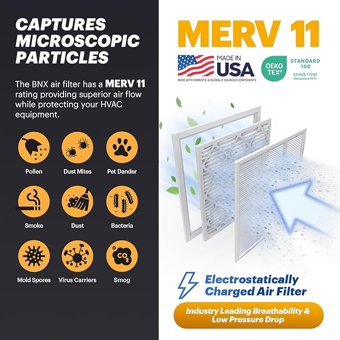 BNX TruFilter 18x24x1 Air Filter MERV 11 (6-Pack) - MADE IN USA - Allergen Defense Electrostatic Pleated Air Conditioner HVAC AC Furnace Filters for Allergies, Dust, Pet, Smoke, Allergy MPR 1200 FPR 7