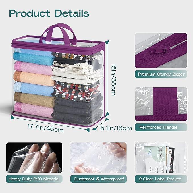 5PACK Clear Zippered Storage Bags for Clothes, 22L Closet Organizers Bag, and Blanket Storage Bags for Bedding, Linen, Blankets, Comforters, Clothing & Toys (Purple)
