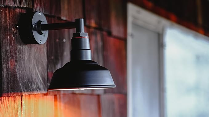 Steel Lighting Co. Hawthorne Barn Light | Outdoor Wall Mounted | 8 inch Dome | 11 inch Straight Arm| Small Farmhouse Light Made in America | Black Exterior/White Interior
