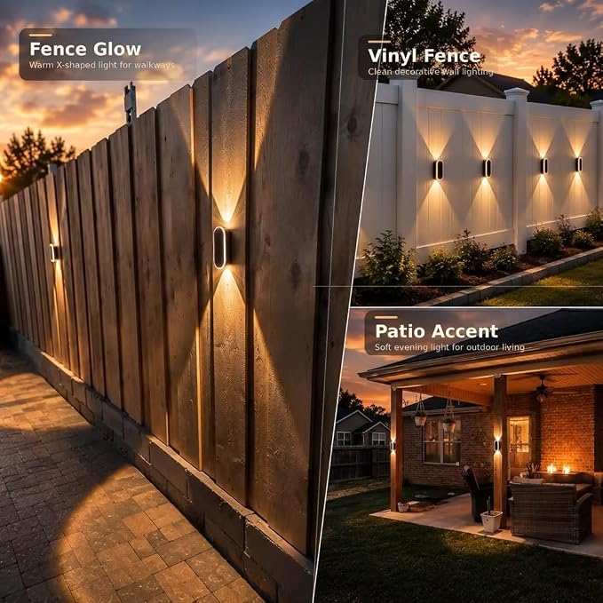 Herzila 4 Pack Solar Fence Lights, RGBW 7-Color Changing Waterproof Top and Bottom Lighting Wall for Landscape/Fence/Patio/Wall/Garden Christmas Solar Lights (2 Installation Modes)