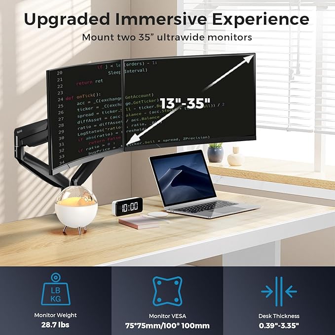 Curved Monitor Mount Dual Monitor Arm up to 35" Screens, Max 28.6lbs Each, Heavy Duty Ultrawide Monitor Arm,Swivel -90° to +90°, Tilt -45° to +90°,Rotate 360°,VESA 75x75&100x100,for Curved/Flat