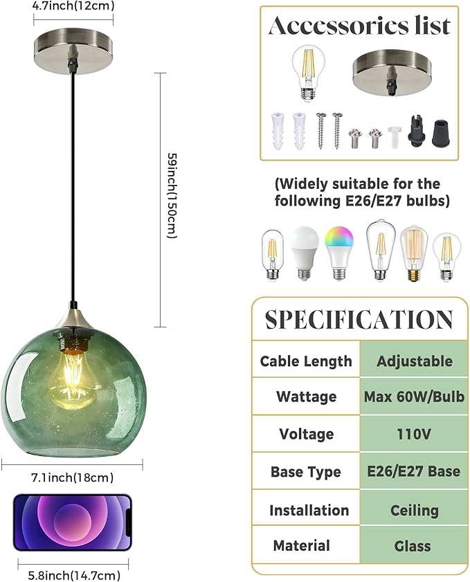 7.1in Medium Green Glass Pendant Light for Kitchen Island, 3-Pack with Extra LED Bulbs & 4.92ft Adjustable Cord | Modern Minimalist Lighting for Dining Room, Living Room, Entryway