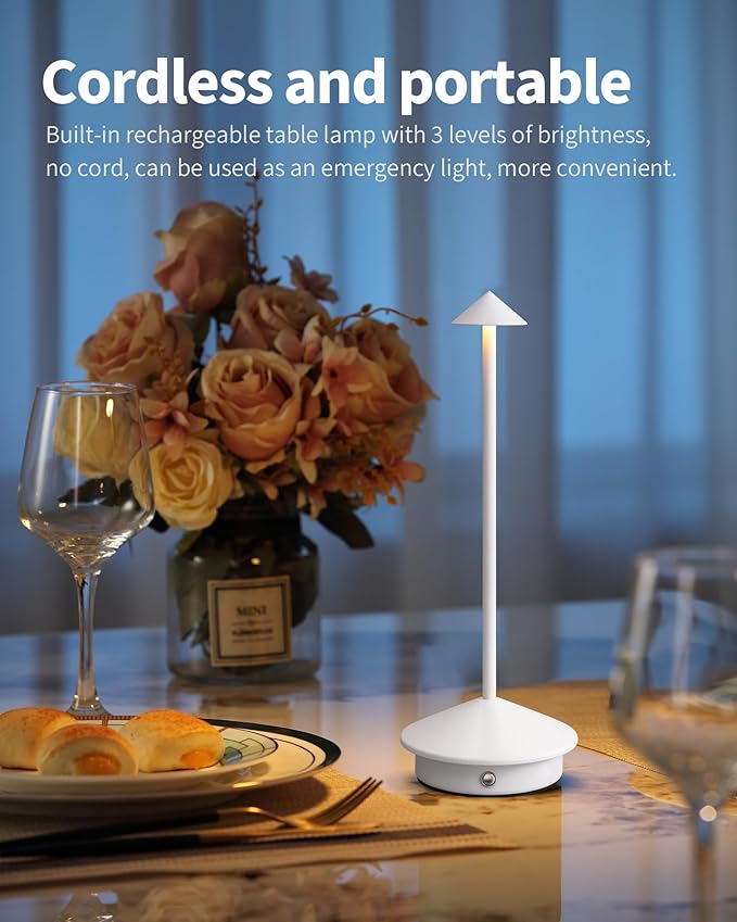 Modern Cordless Table Lamp Set of 2, Portable LED Desk Lamps, 5000mAh Rechargeable Battery Operated Lighting for Bedroom Dining Room Restaurant Coffee Shop Camping Night Light (White)