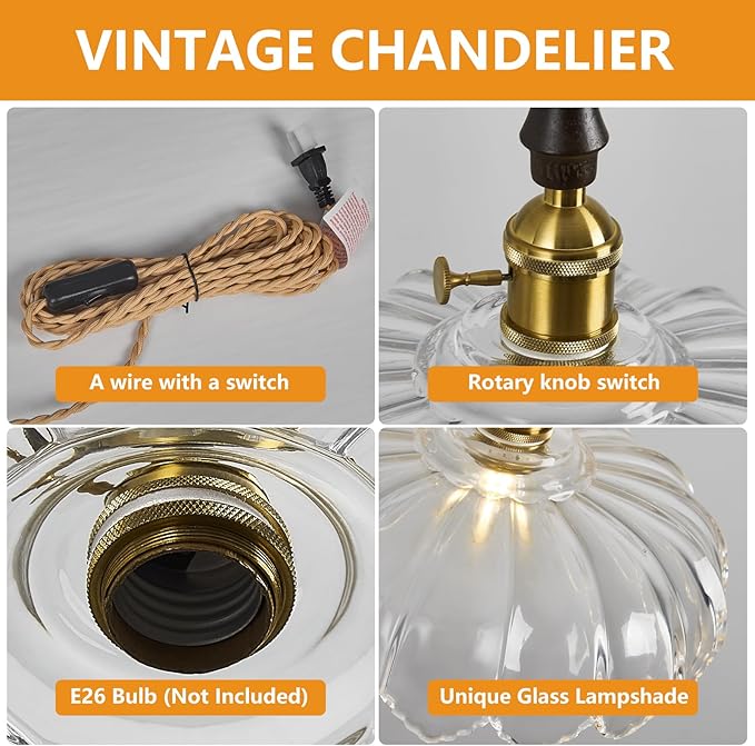 Modern Clear Plug in Glass Pendant Light Retro Flower Glass Hanging Lamp Gold Brass Decorative Adjustable Ceiling Hanging Light Suitable for Kitchen Island Bedroom Dining Room Living Room