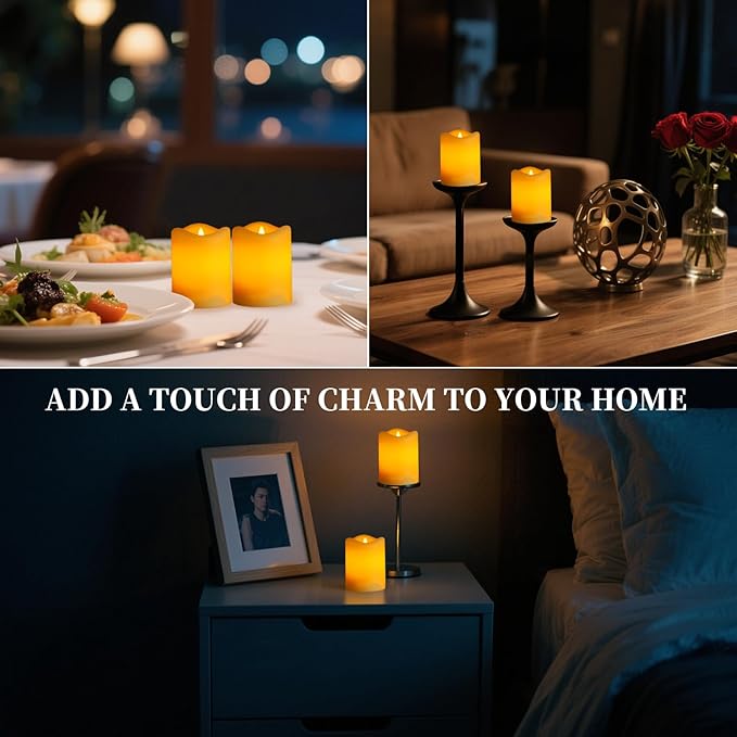 Solar Powered Candles Outdoor 6 Pack, 3"x4" IP65 Waterproof Rechargeable Solar LED Lights, Dusk to Dawn Sensor Pillar Candles for Weddings, Events, Party Decor, Garden Pathway, Yard & Patio