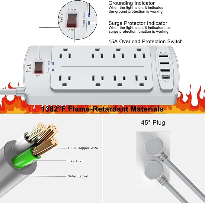 Surge Protector Power Strip - Nuetsa Flat Plug Extension Cord with 8 Outlets and 4 USB Ports, 10 Feet Power Cord (1625W/13A), 2700 Joules, ETL Listed, Grey