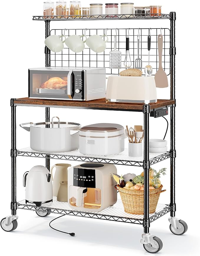 Leteuke Bakers Rack with Power Outlet & Storage, 36 Inch Microwave Stand Kitchen Cart, 4-Tier Metal Kitchen Shelves Cart with Wheels & 20 S-Hooks for Kitchen, NSF Certified, 63 x 18 x 36 Inch-Black