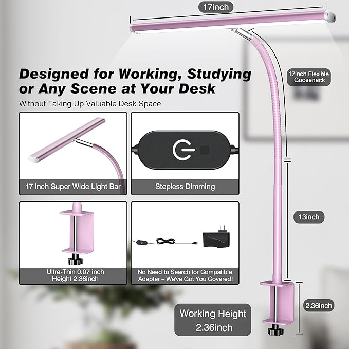 Airlonv LED Desk Lamp for Office Home, Eye-Caring Desk Light with Stepless Dimming Adjustable Flexible Gooseneck, 10W USB Adapter Desk Lamp with Clamp for Reading, Study, Workbench (Pink)
